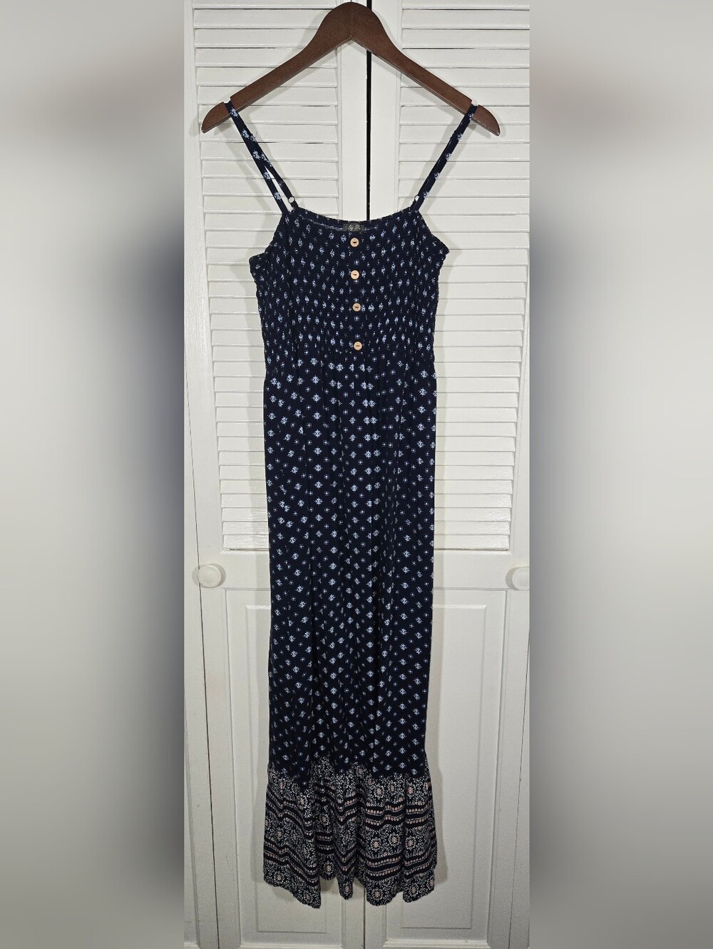 Lily Rose Navy Boho Smocked Bodice Thin Strap Button Detail Maxi Dress Sz L